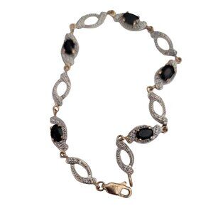 Sterling Silver 925 Gold Black Lucite Cab Rhinestone Bracelet, 7.25" Long M974